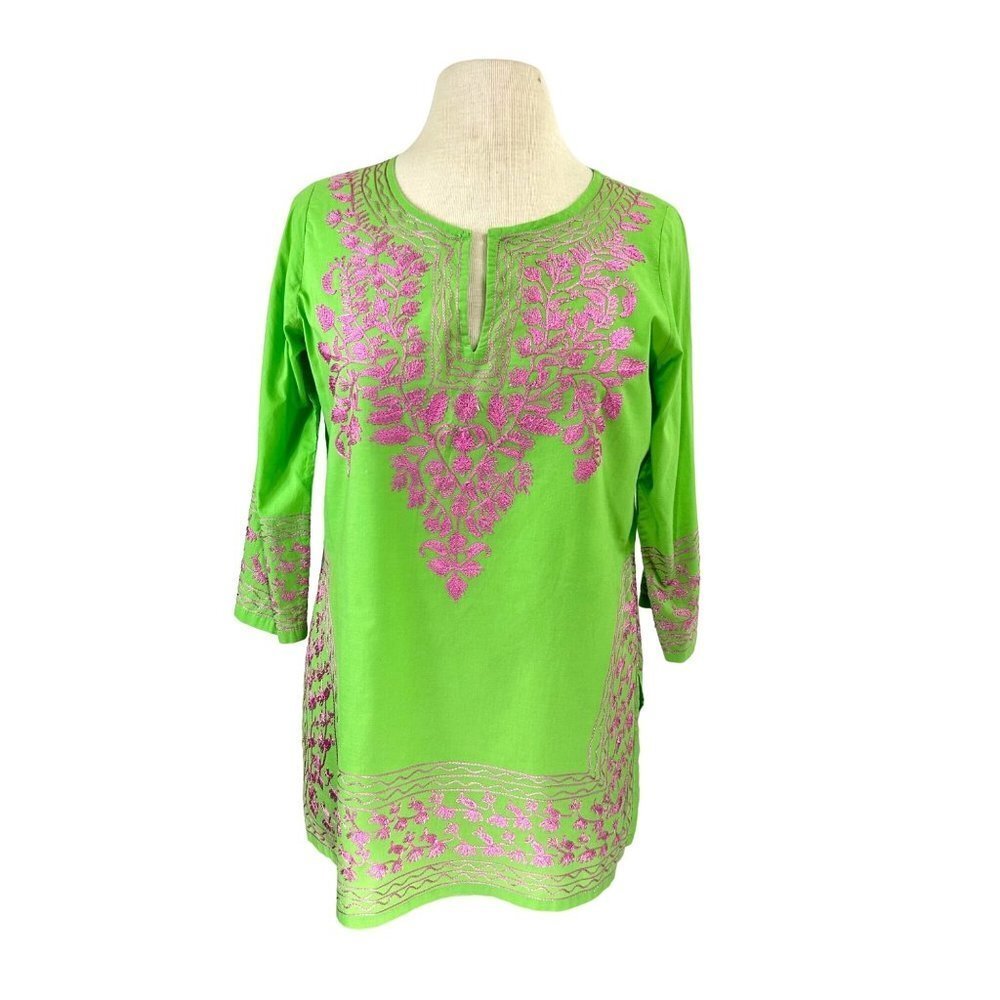 Gretchen Scott Blouse Womens Small Green/Pink Tunic Boho Split Neck Pullover